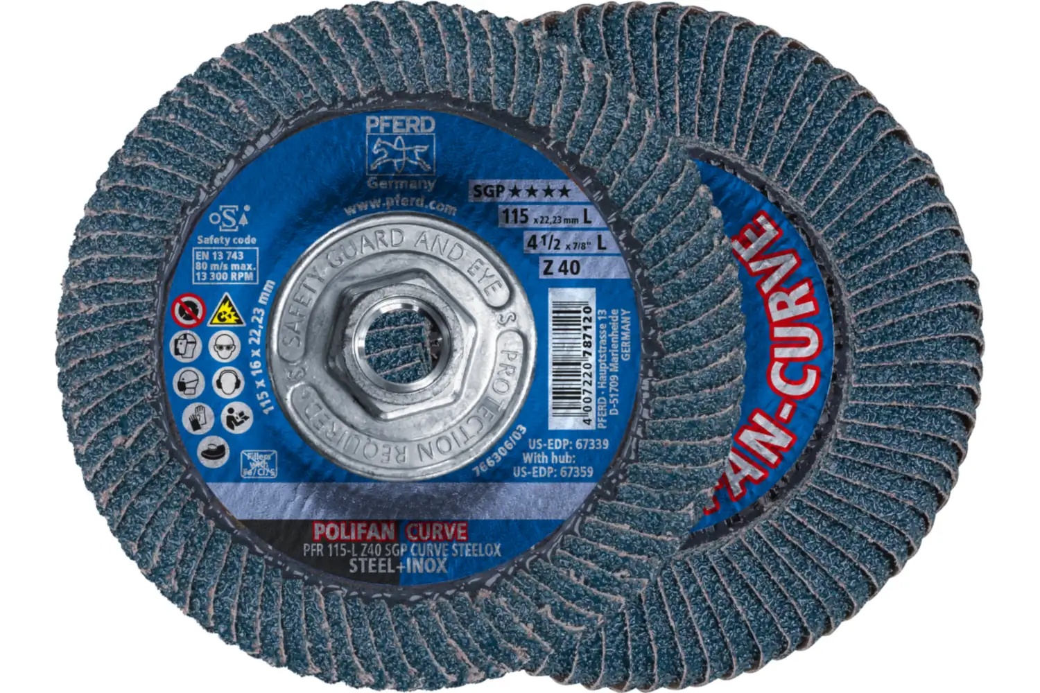 Picture of Pferd Flap Disc, 4-1/2" x 5/8-11, Z SGP Curve Steelox, 40 Grit, Large Radius, Zirconia